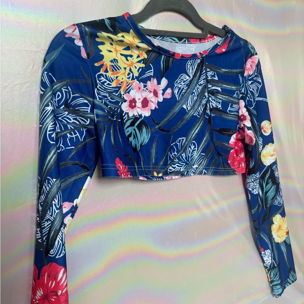 Blue Floral Long-Sleeve Swim Set (XS–S) Never Worn